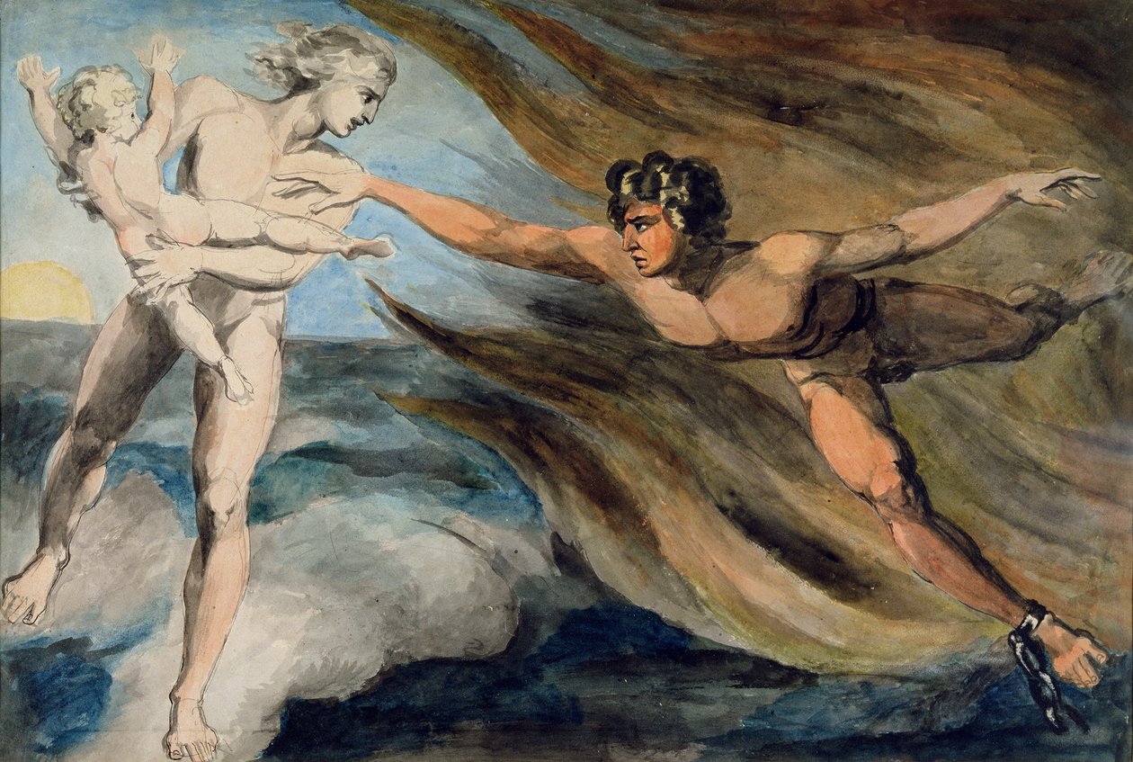 Goda och onda änglar kämpar om ett barns besittning, ca 1793-94 (wc, penna och bläck på papper) av William Blake