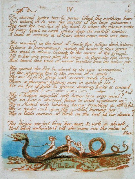 IV. De eviga portarna..., plansch 8 från Thels bok 1789 (reliefgrafit tryckt i brunt med wc på papper) av William Blake