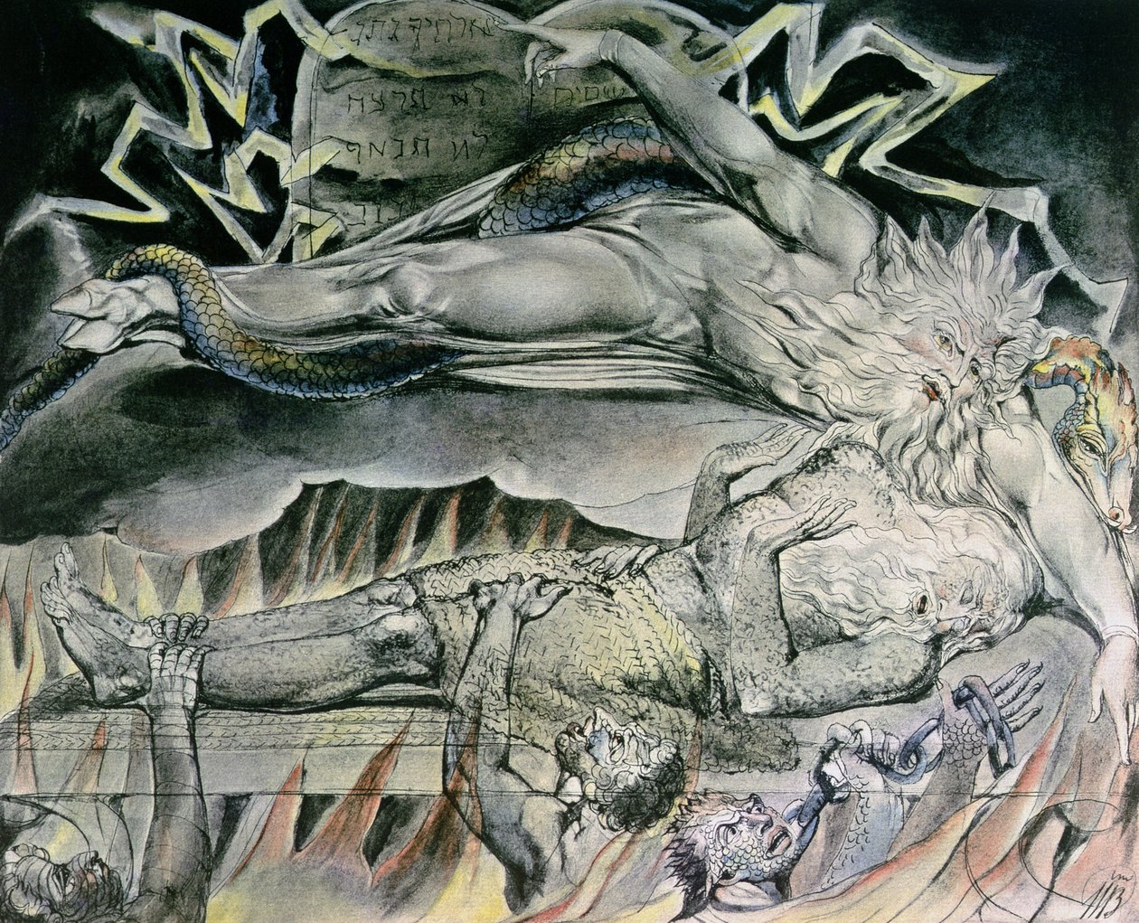 Illustrationer av Jobs bok; Jobs onda drömmar, som visar Jobs Gud, som har blivit Satan med klövad hov och sammanflätad av en orm, och pekar på lagens mosaiska tavlor, 1825 (penna, wc över av William Blake