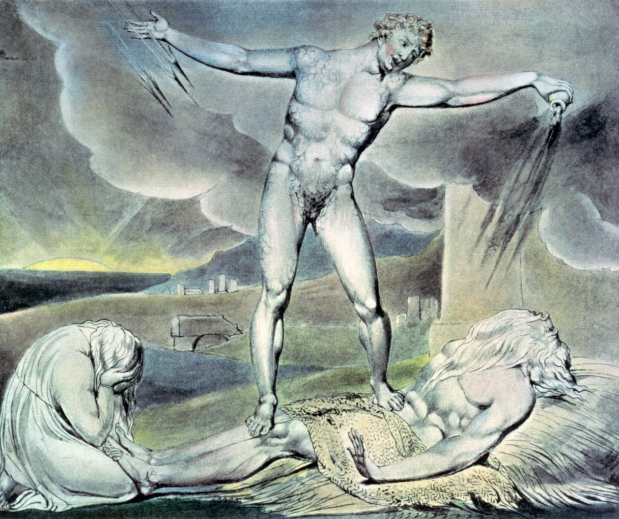 Illustrationer till Jobs bok; Satan slår Job med såriga bölder, 1825 (penna, wc och blyertspenna) av William Blake