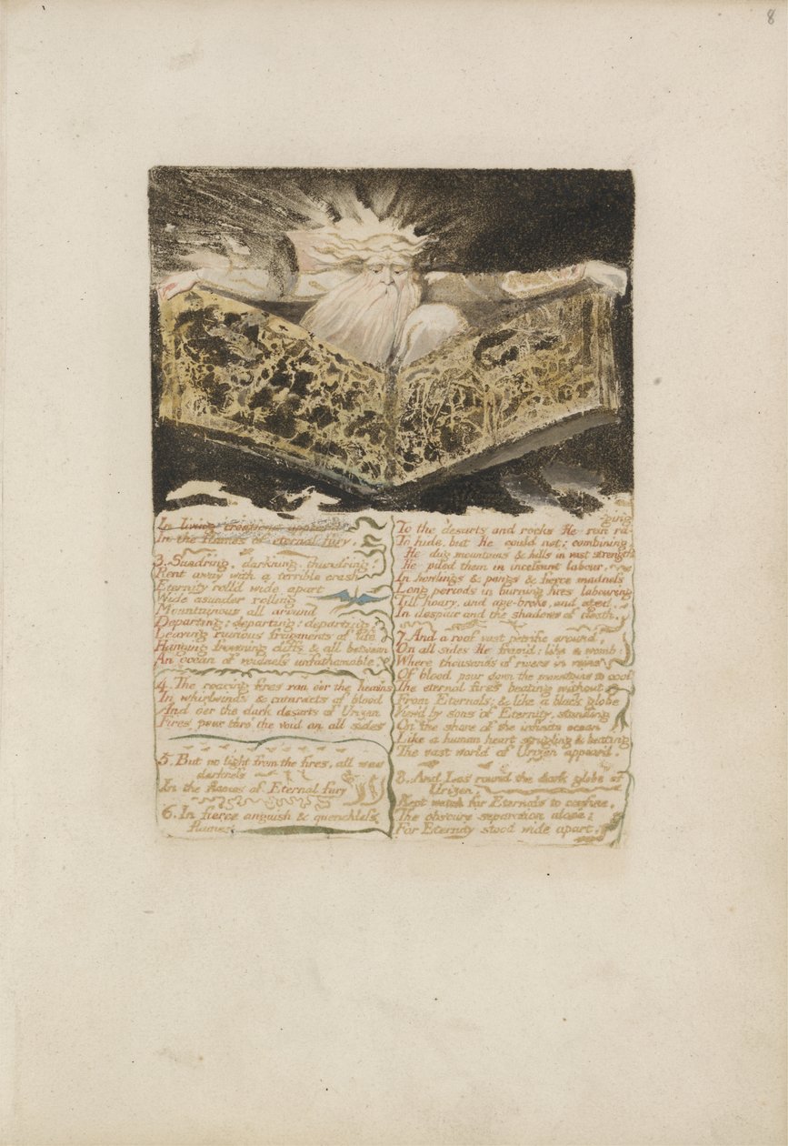 I levande skapelser dök upp..., plåt 8 från The First Book of Urizen, 1794 (färgtryckt reliefetsning med bläck och wc) av William Blake