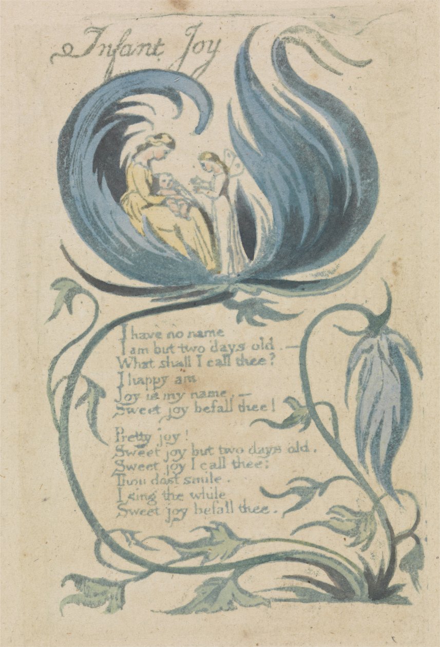 Infant Joy, skylt 27 från Songs of Innocence, 1789 (handfärgad reliefetsning med wc på papper) av William Blake