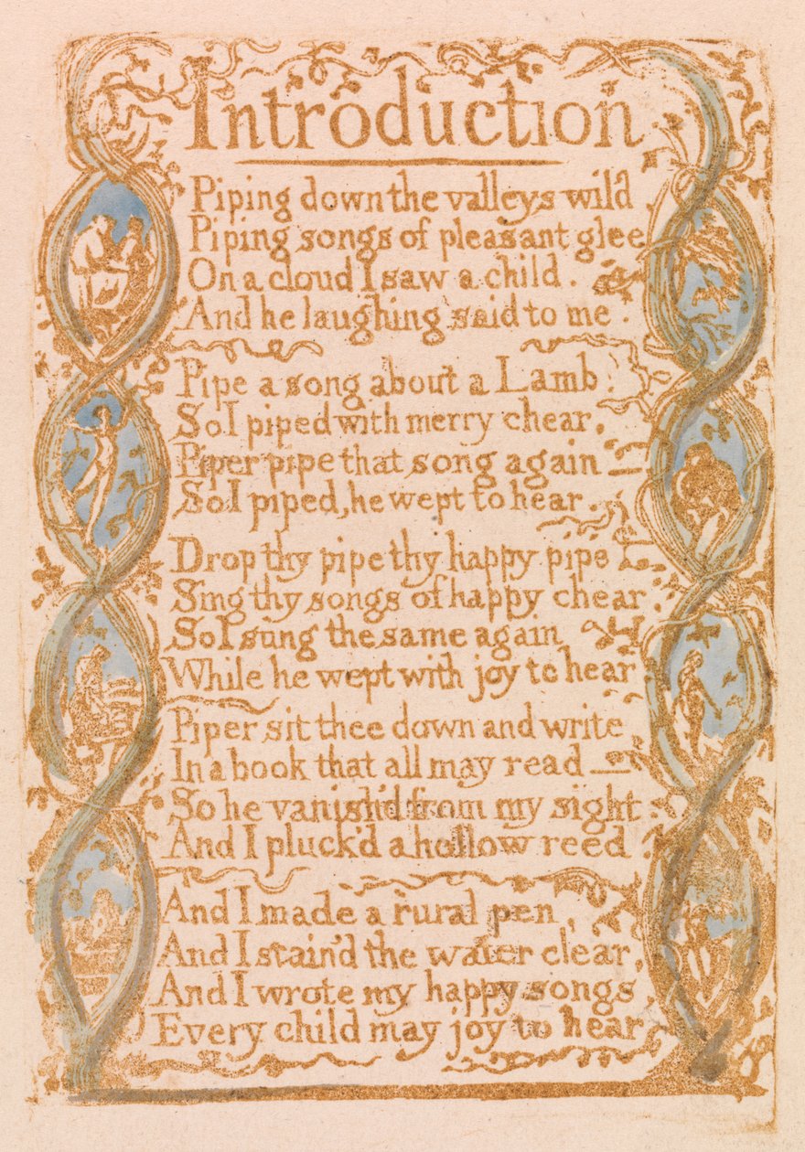 Introduktion, plåt 3 från Songs of Innocence, 1789 (reliefetsning med wc på papper) av William Blake