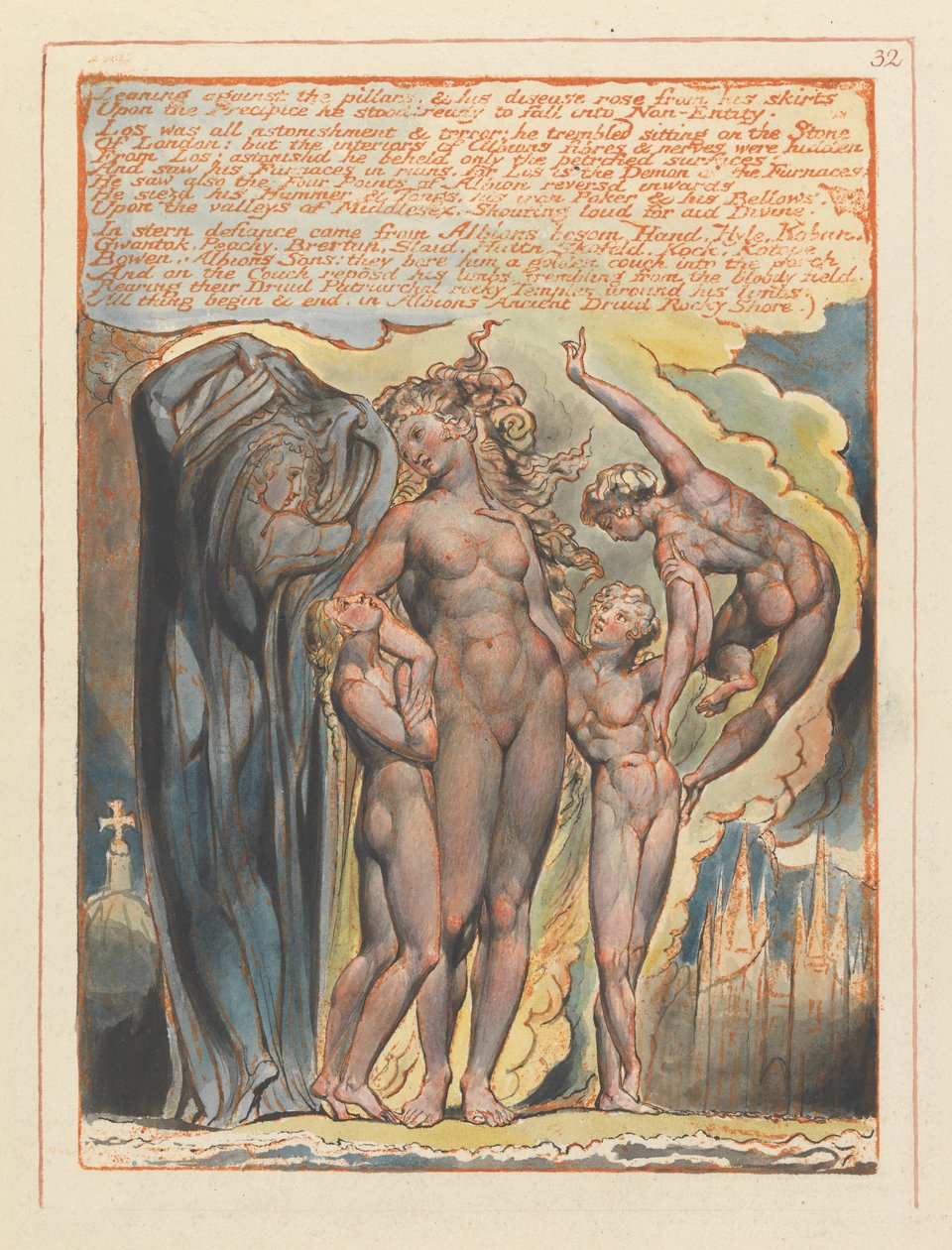 Jerusalem, tallrik 32, lutad mot pelarna .... av William Blake