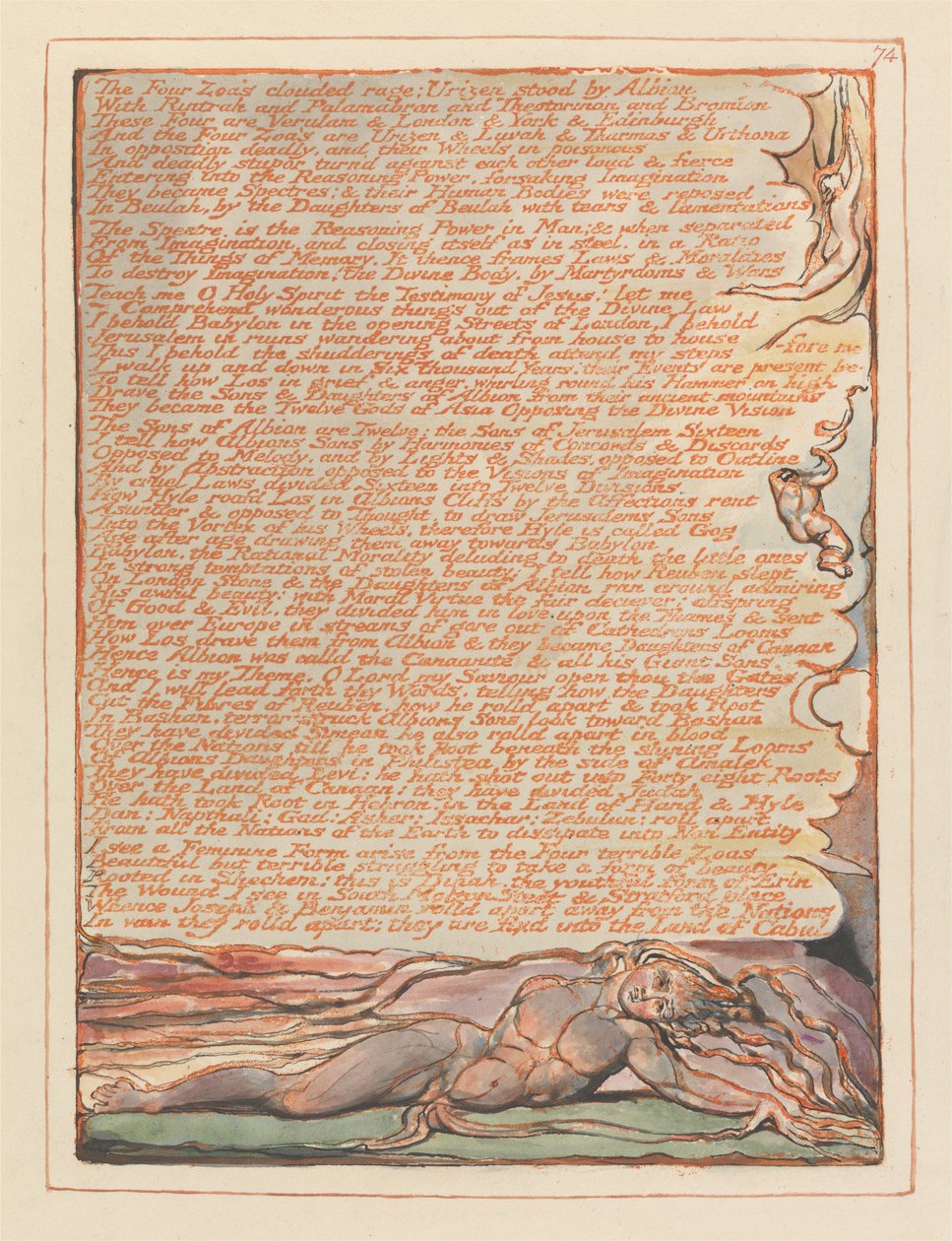 Jerusalem, tallrik 74, The Four Zoas grumlade ilska .... av William Blake