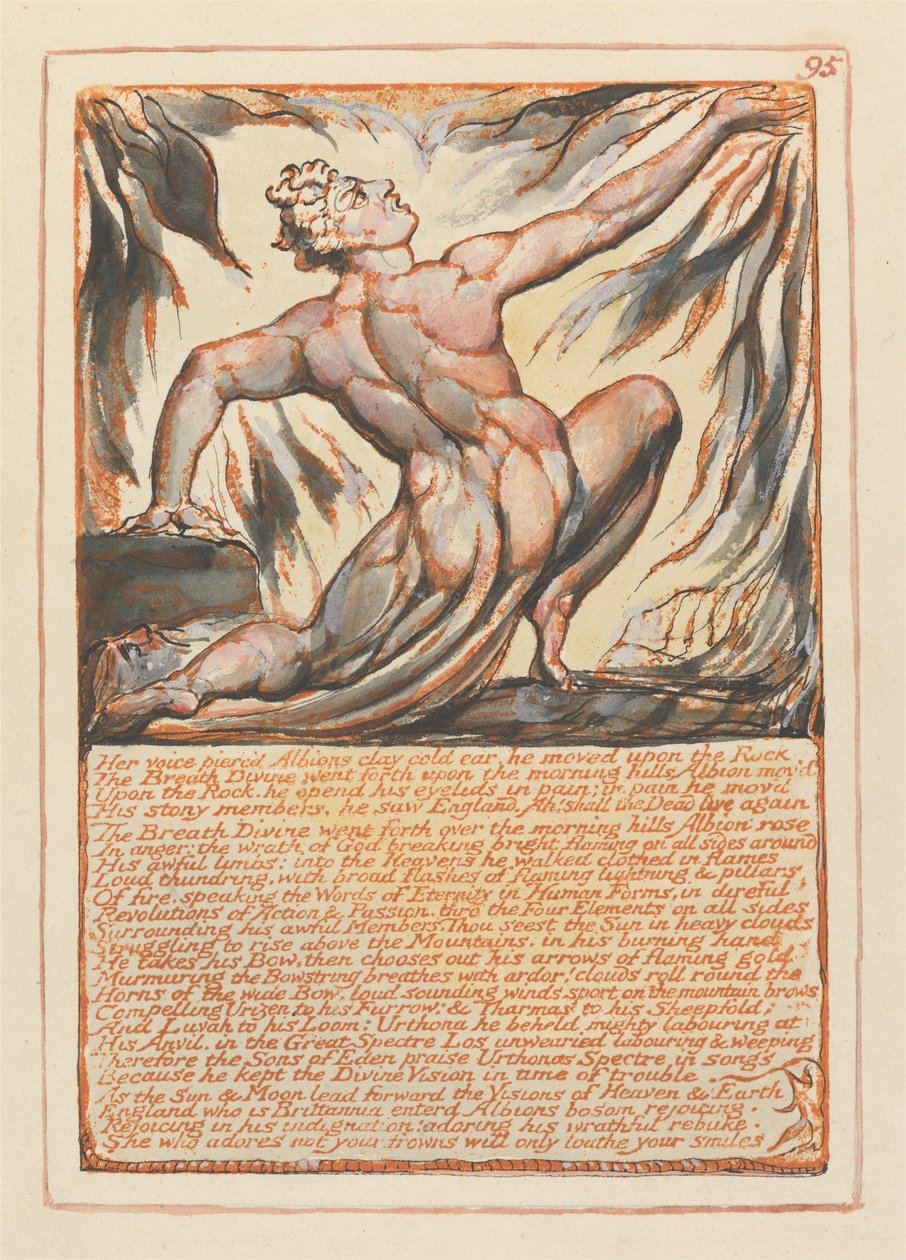 Jerusalem, tallrik 95, Hennes röst genomborrade Albions lerkalla krig .... av William Blake