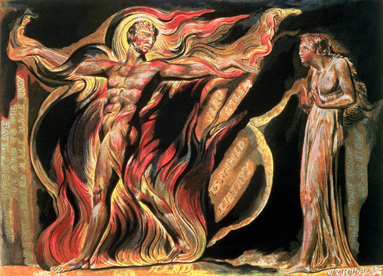 Jerusalem The Giant Albions udstråling; Sådanne syner er dukket op for mig, 1804 (reliefradering, hvid streggravering, wc) swed av William Blake