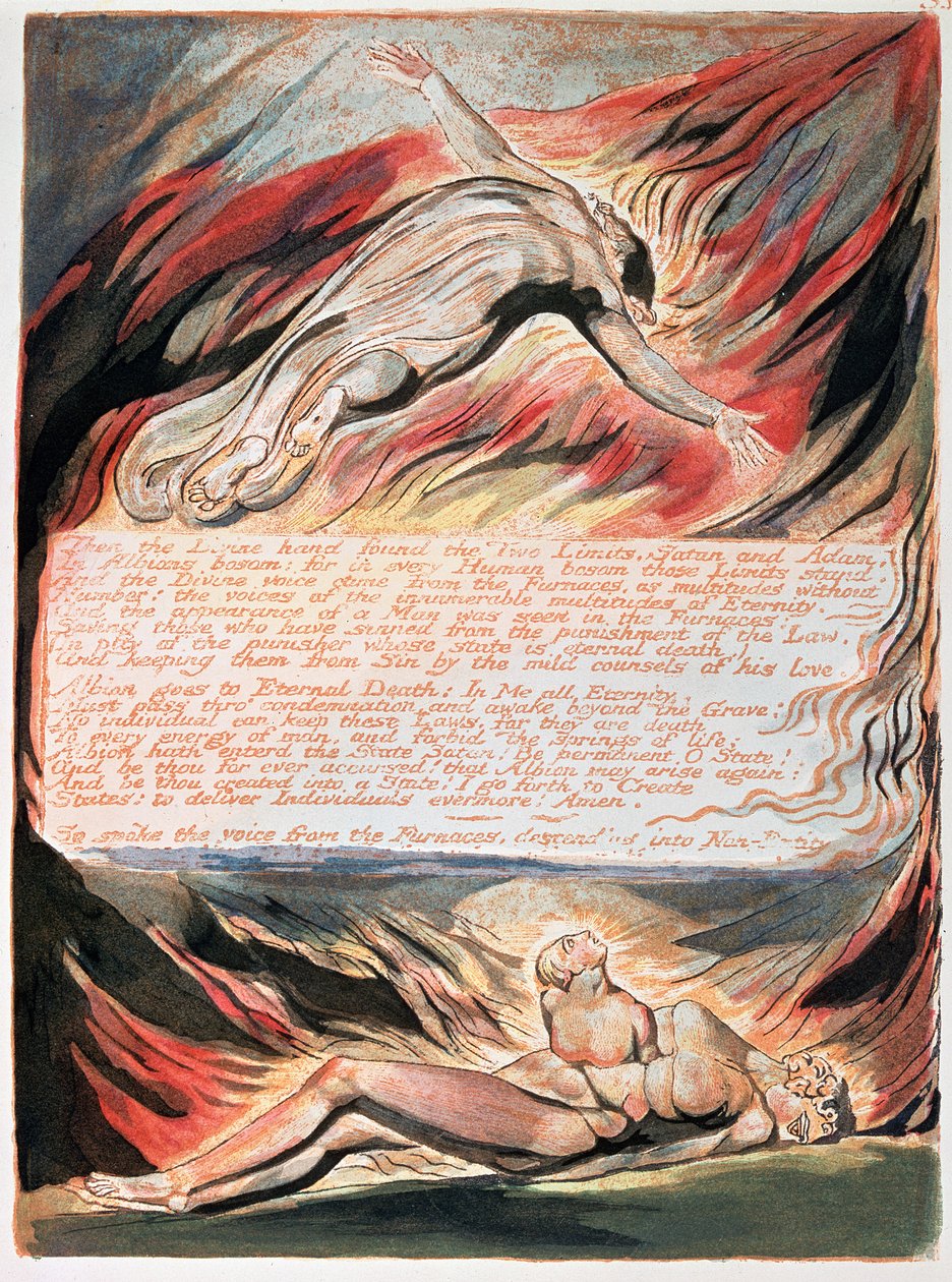 Jerusalem The Giant Albion Emanation; Sedan den gudomliga handen som visar Kristus svävande över Albion inom vars sköte den gudomliga handen fann de två gränserna, Satan och Adam, 1804 (reliefetsning av William Blake