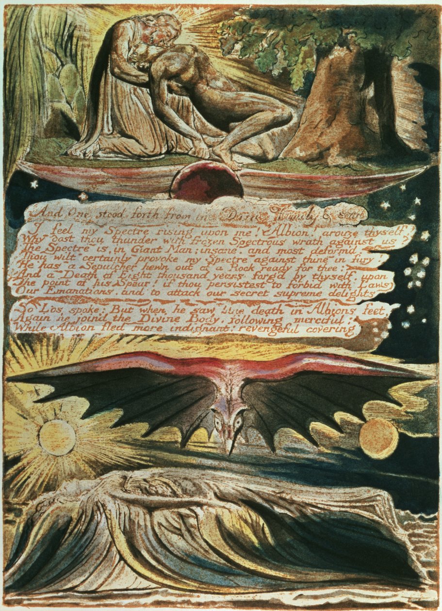 Jerusalem The Giant Albion: Och en stod fram, uppifrån och ned, Los understödd av Kristus; Albions begravning i Supulcher, 1804, (reliefetsning, vit linjegravyr, wc) av William Blake