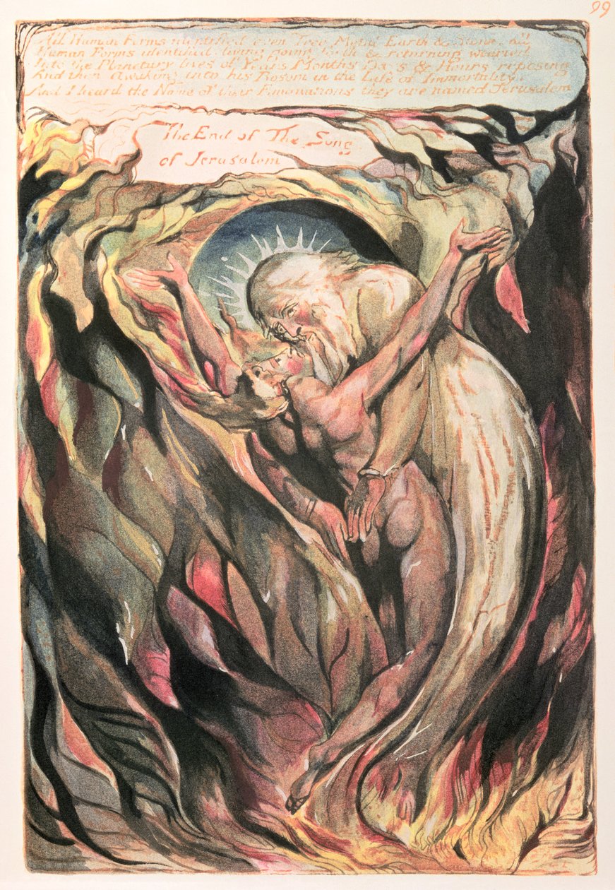 Ierusalema Le Aumaia o le Giant Albion: ipu 99 O Tagata Uma (le toe faatasia o Ierusalema, ua fai ma sui o le Tagata, ma le Atua na te tuufaatasia elemene o Iesu ma Ieova), c.1804-20 (wc on relief eswed av William Blake