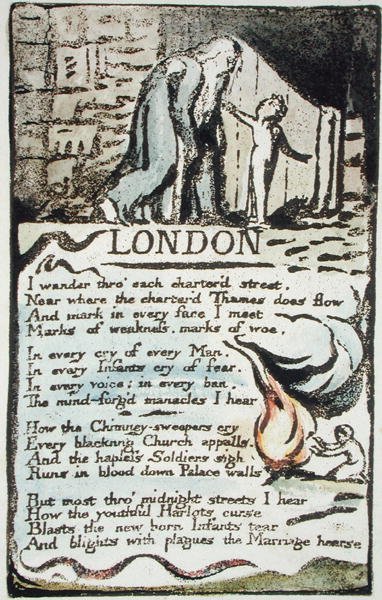 London, skylt 51 (Bentley 46) från Songs of Innocence and of Experience (Bentley Copy L) 1789-94 (upphöjd etsning med penna och wc) av William Blake