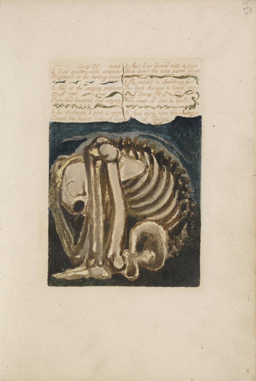 Los slagen av häpnad..., plåt 12 från The First Book of Urizen, 1794 (färgtryckt relief etsning med bläck och wc) av William Blake