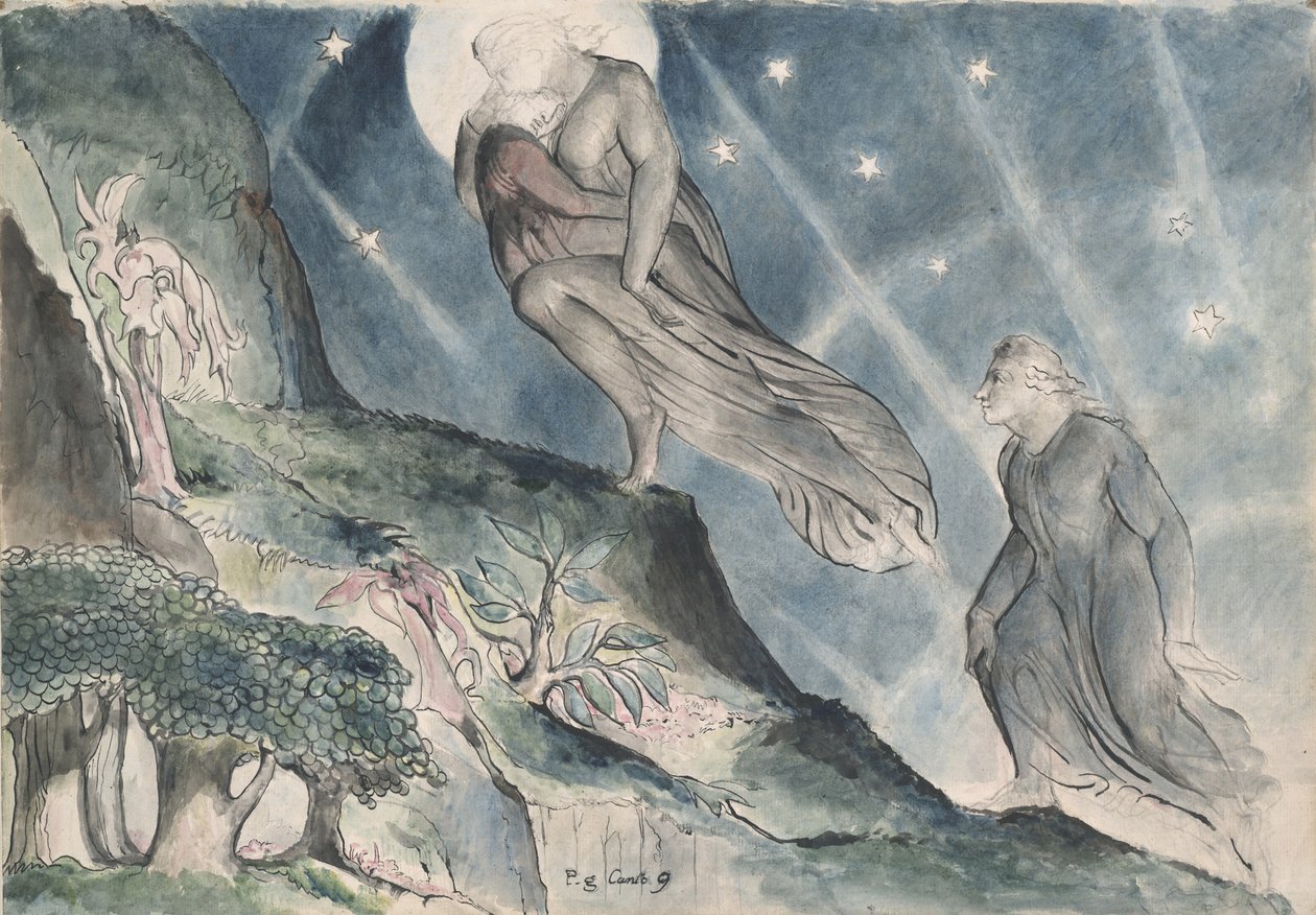 Lucia bär Dante i sömnen, illustration till Dante Alighieris Gudomliga komedi, 1824-27 (penna och bläck med bläck med vc över penna och krita på papper) av William Blake