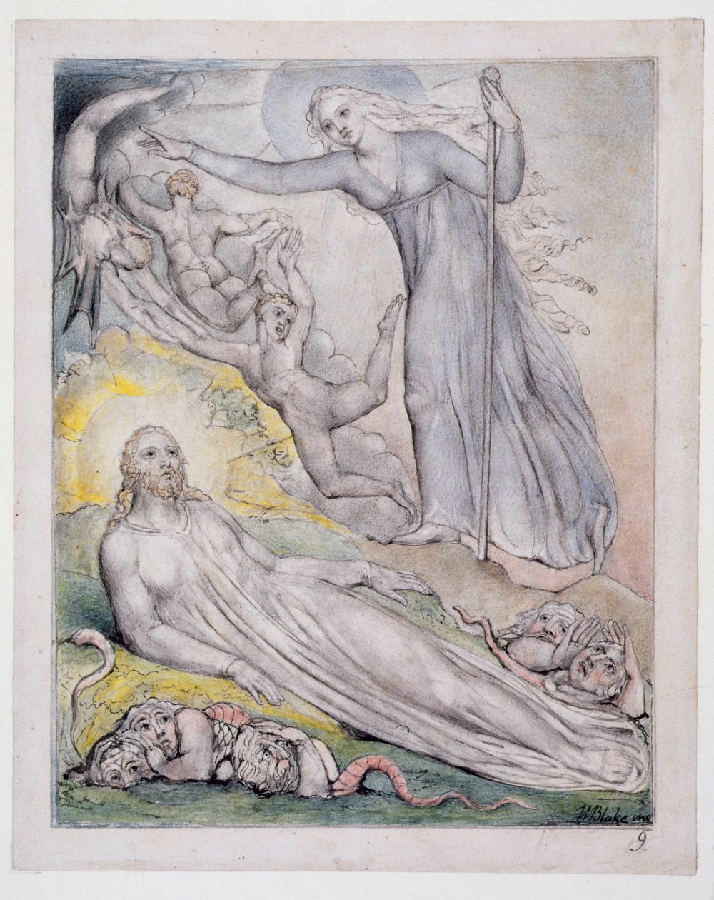 Morning Chasing away the Phantoms, illustration från Paradise Regained av John Milton, ca 1816-18 (penna och bläck, grått tvättad och wc på papper) av William Blake