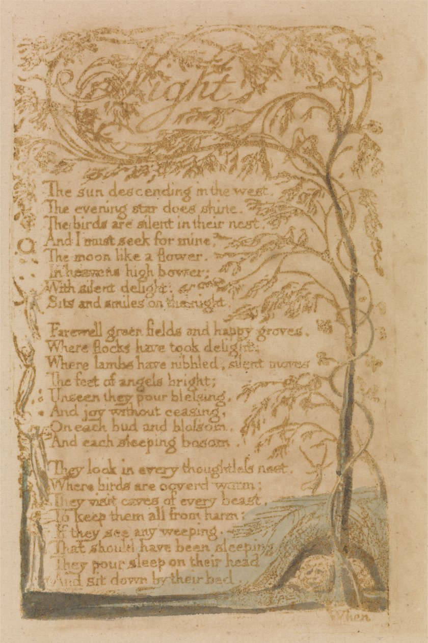 Natt, tavla 16 från Songs of Innocence, 1789 (reliefetsning med wc på papper) av William Blake