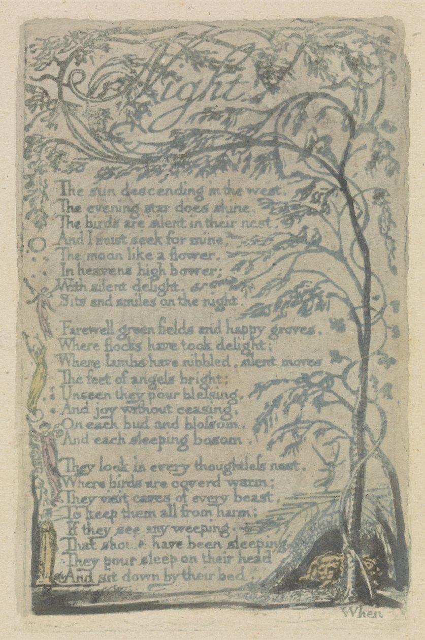 Natt, plåt 29 från Songs of Innocence, 1789 (handfärgad reliefetsning med akvarell) av William Blake