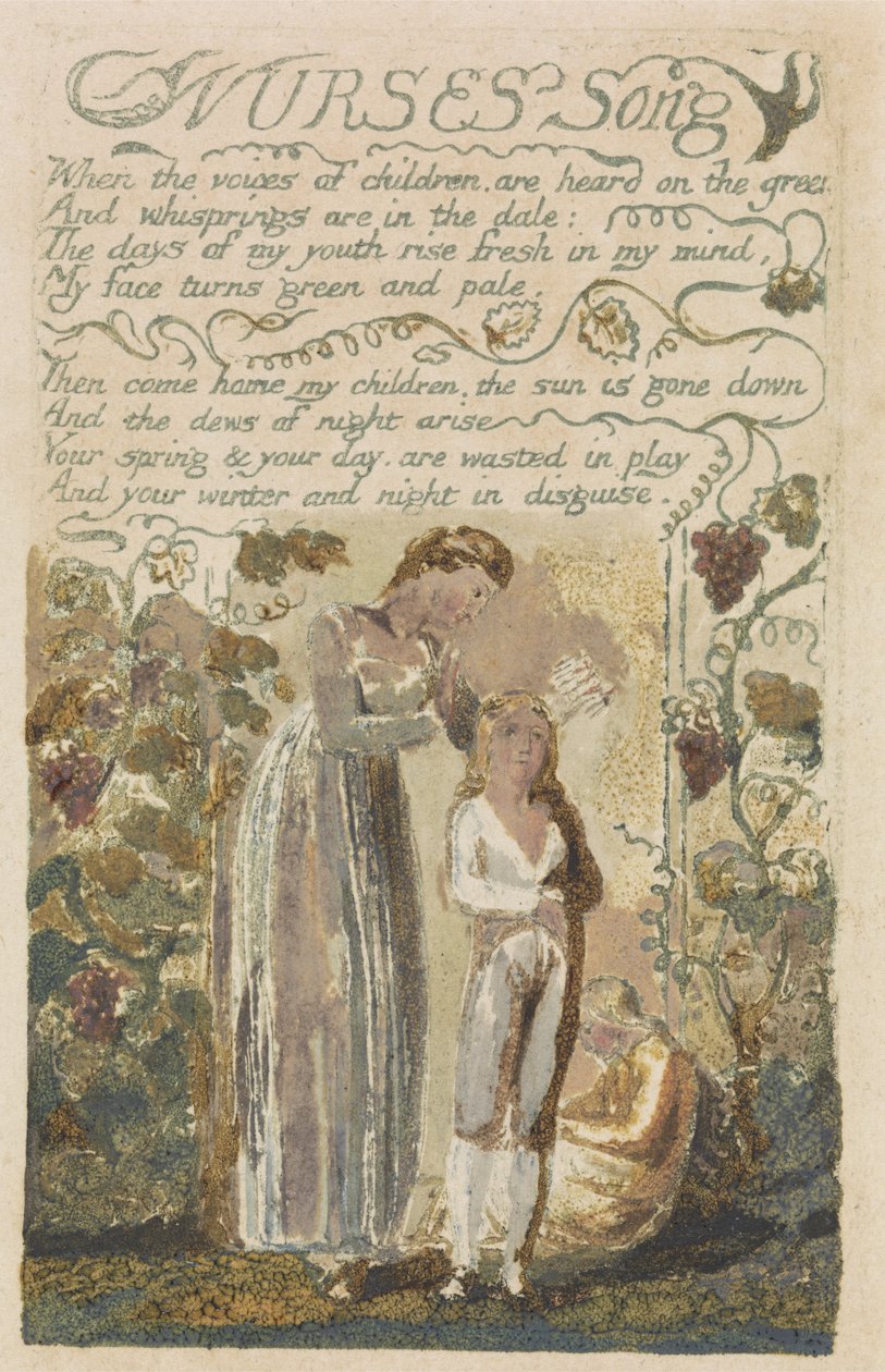 Nurses Song, plåt 36 från Songs of Experience, 1794 (reliefetsning med wc) av William Blake