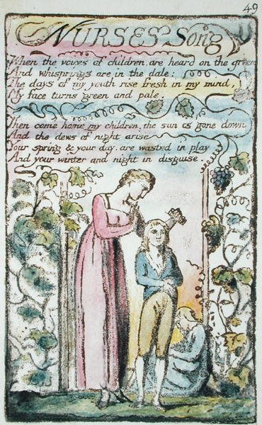 Nurses Song, skylt 49 (Bentley 38) från Songs of Innocence and of Experience (Bentley Copy L) 1789-94 (upphöjd etsning med penna och wc) av William Blake