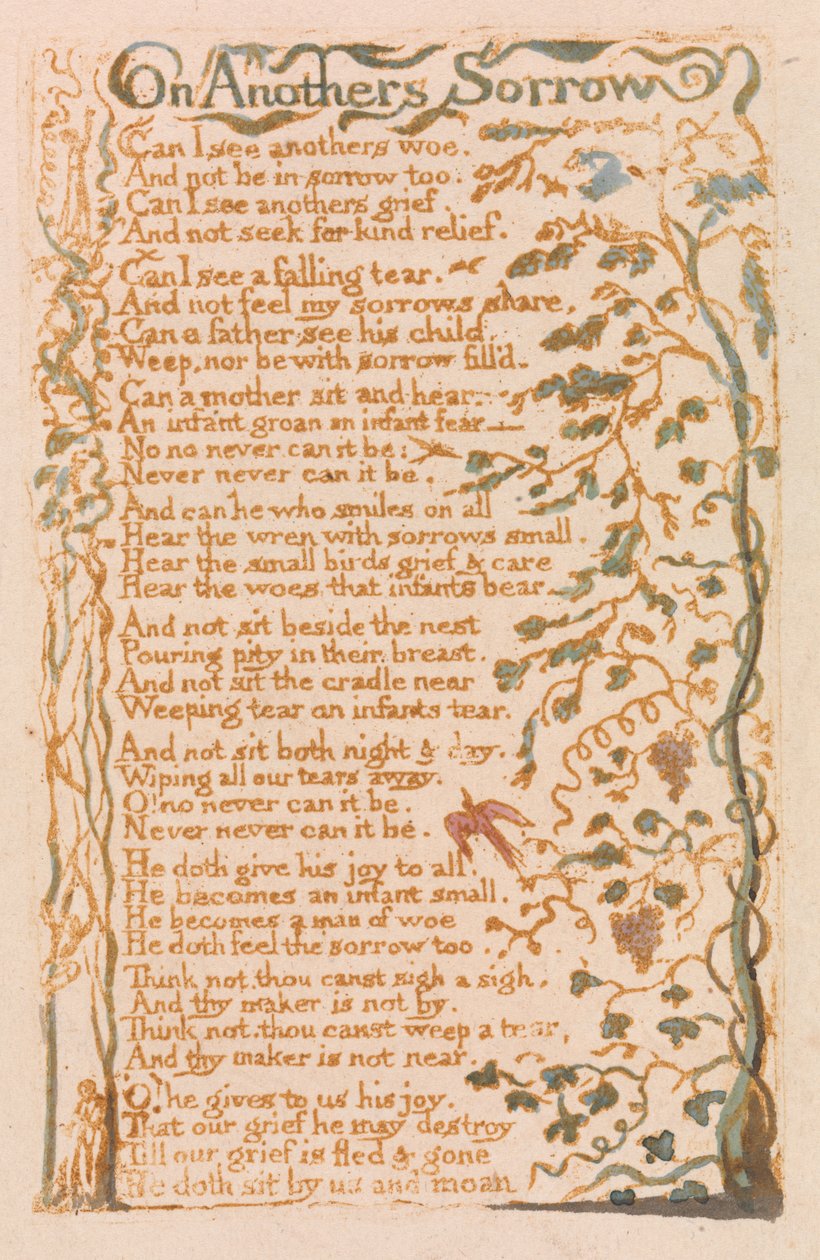 On Anothers Sorrow, plåt 24 från Songs of Innocence, 1789 (reliefetsning med wc) av William Blake