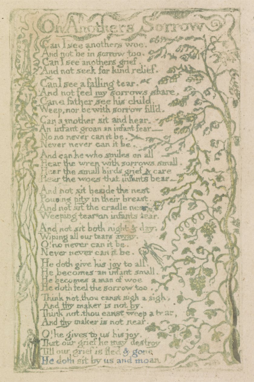 On Anothers Sorrow, plåt 7 från Songs of Innocence, 1789 (handfärgad reliefetsning med akvarell) av William Blake