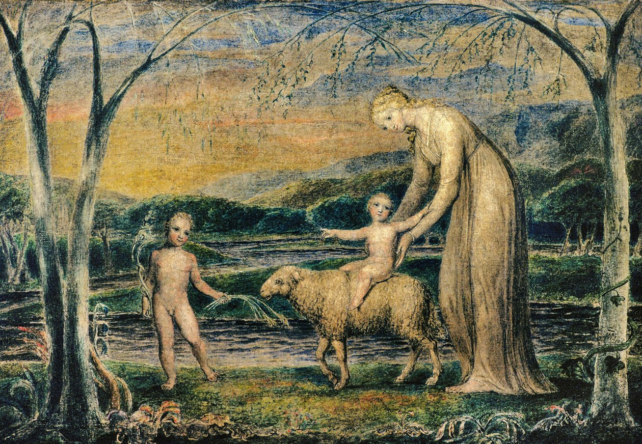 Vår Fru med Jesusbarnet rider på ett lamm med Johannes, 1800 (tempera) av William Blake