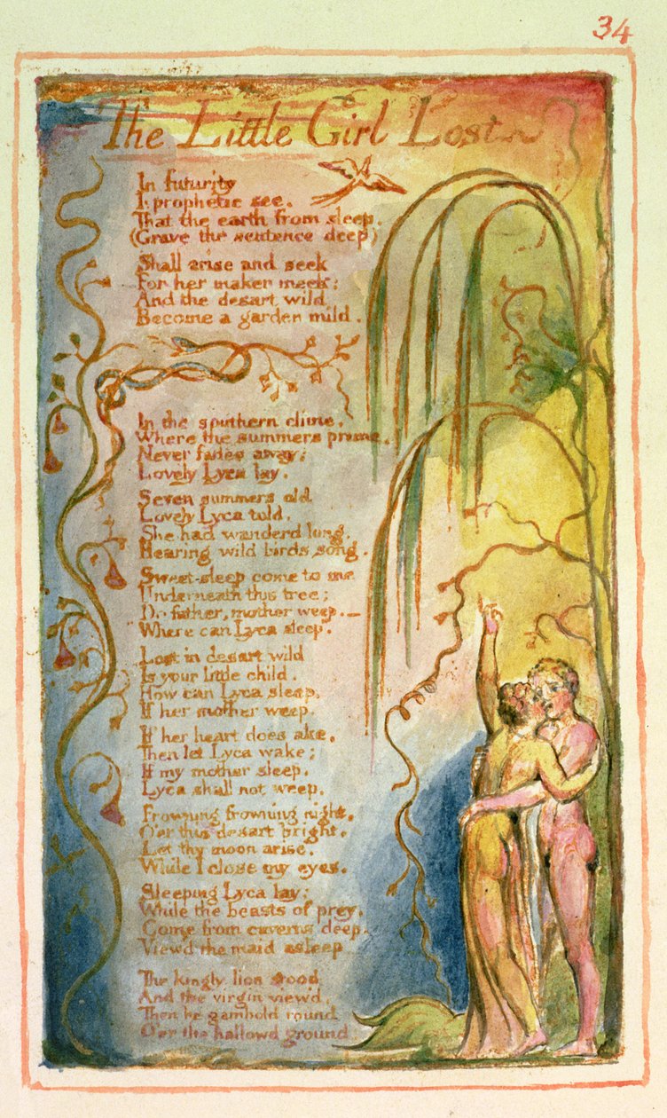 P.125-1950.pt34 The Little Girl Lost: skylt 34 från Songs of Innocence and of Experience (kopia AA) c.1815-26 (etsning, bläck och wc) av William Blake