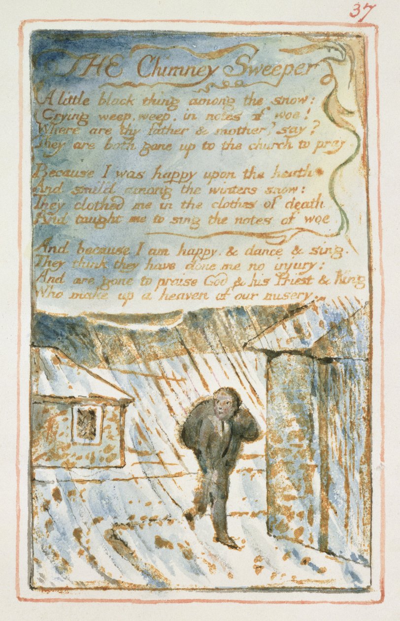 P.125-1950.pt37 Skorstensfejaren: skylt 37 från Songs of Innocence and of Experience (kopia AA) c.1815-26 (etsning, bläck och wc) av William Blake