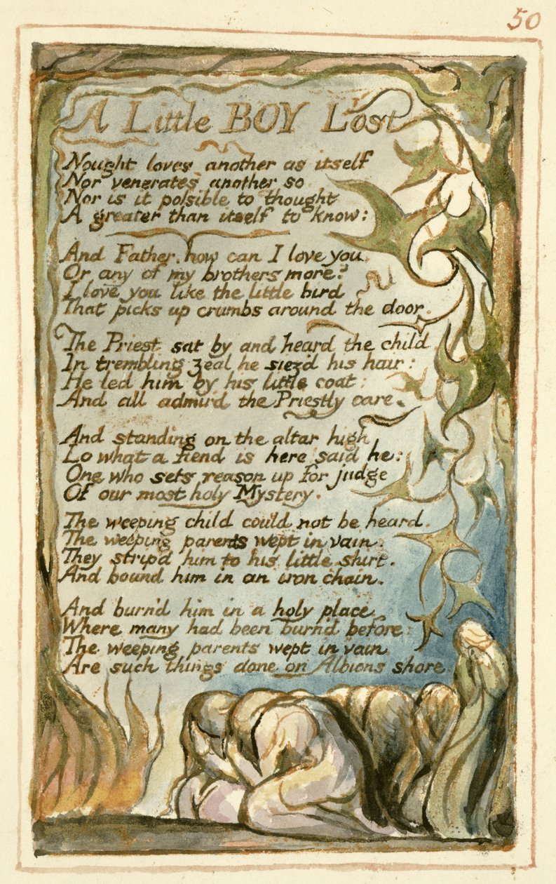 P.125-1950.pt50 A Little Boy Lost: skylt 50 från Songs of Innocence and of Experience (kopia AA) c.1815-26 (etsning, bläck och wc) av William Blake