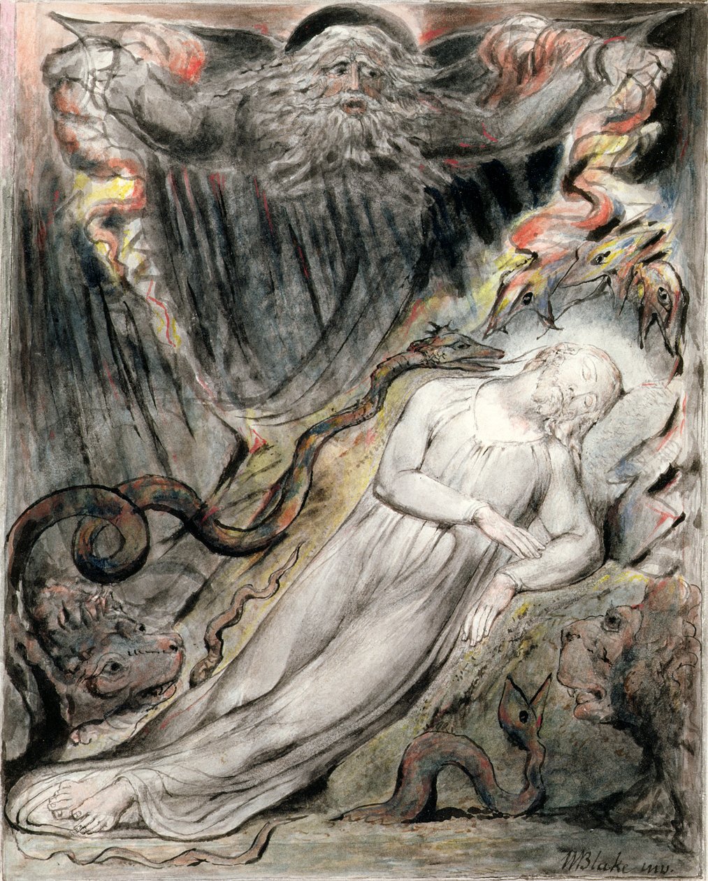 PD.20-1950 Kristi oroliga sömn från Miltons "Paradise Regained", bok IV rad 401-25, ca 1816-18 (penna och bläck, grå tvätt och wc på papper) av William Blake