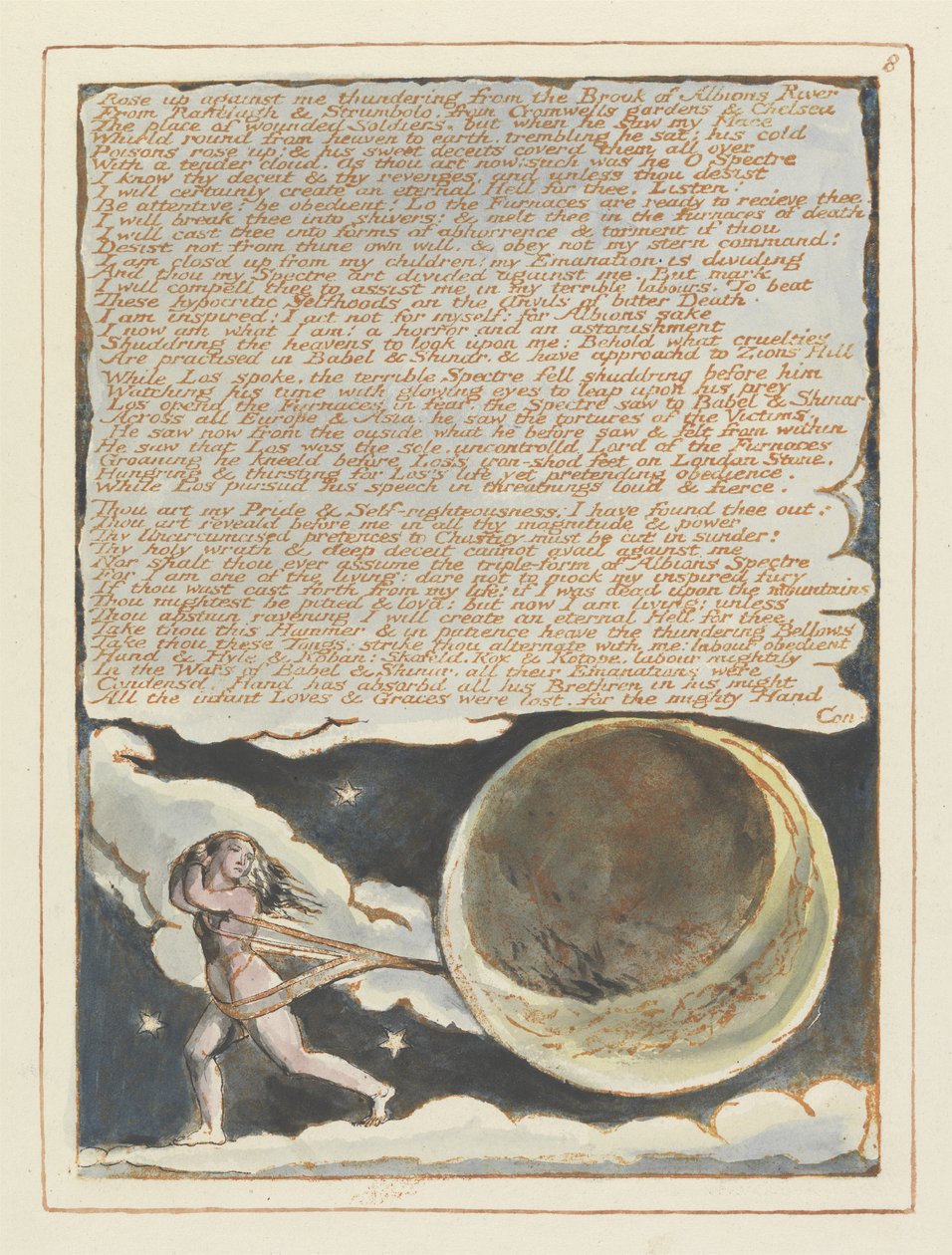 Rose up against me..., plåt 8 från Jerusalem, 1804-20 (reliefetsning tryckt i orange med penna & wc) av William Blake