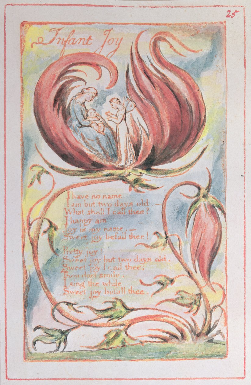 Oskuldens sånger; Infant Joy, 1789 (reliefetsning tonad med wc) av William Blake