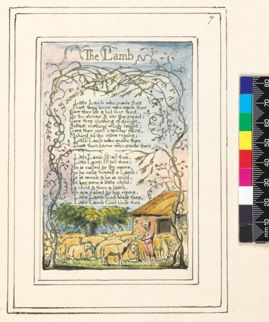 Sånger av oskuld och erfarenhet Platta 7: Lammet, ca 1789-94 (reliefradering med pennor och vc som avslutning) av William Blake