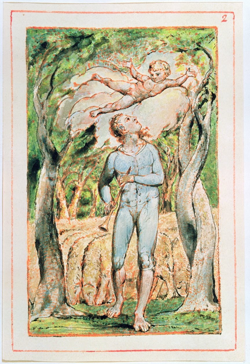 Oskuldens sånger; the Piper (frontispice), 1789 (relief-etsning, tonad med wc) av William Blake