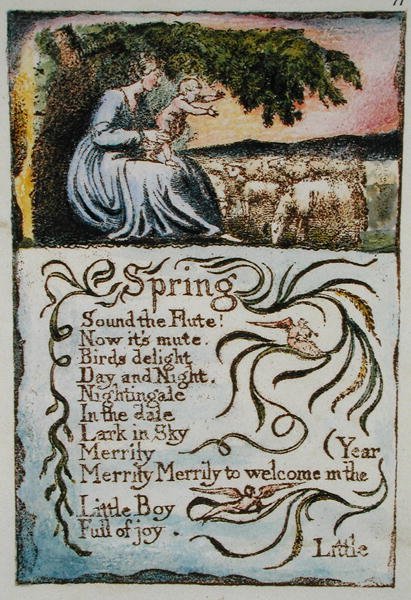 Spring, illustration från Songs of Innocence and of Experience, (Bentley Copy L) pl.11 (Bentley 22) 1789-04 (reliefetsning med penna & wc på papper) av William Blake