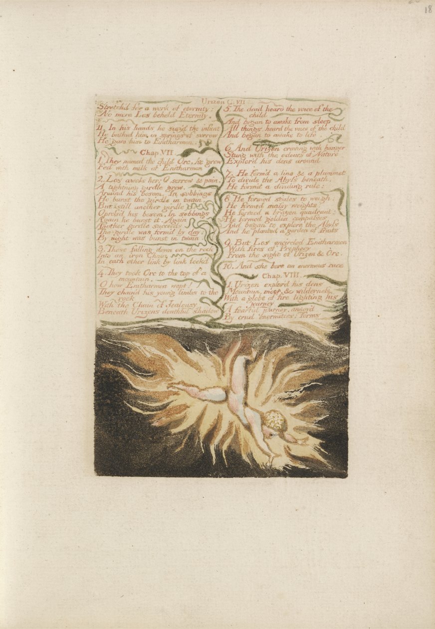 Stretchd for a work of eternity..., plåt 22 från The First Book of Urizen, 1794 (färgtryckt reliefetsning med bläck och wc på papper) av William Blake