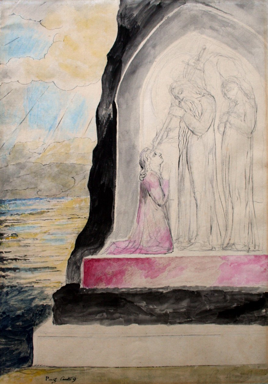 Ängeln med svärdet som markerar Dante med den sjufaldiga", illustration från "Purgatorio", Dantes gudomliga komedi, ca 1825-27 (penna och bläck med wc på papper) av William Blake
