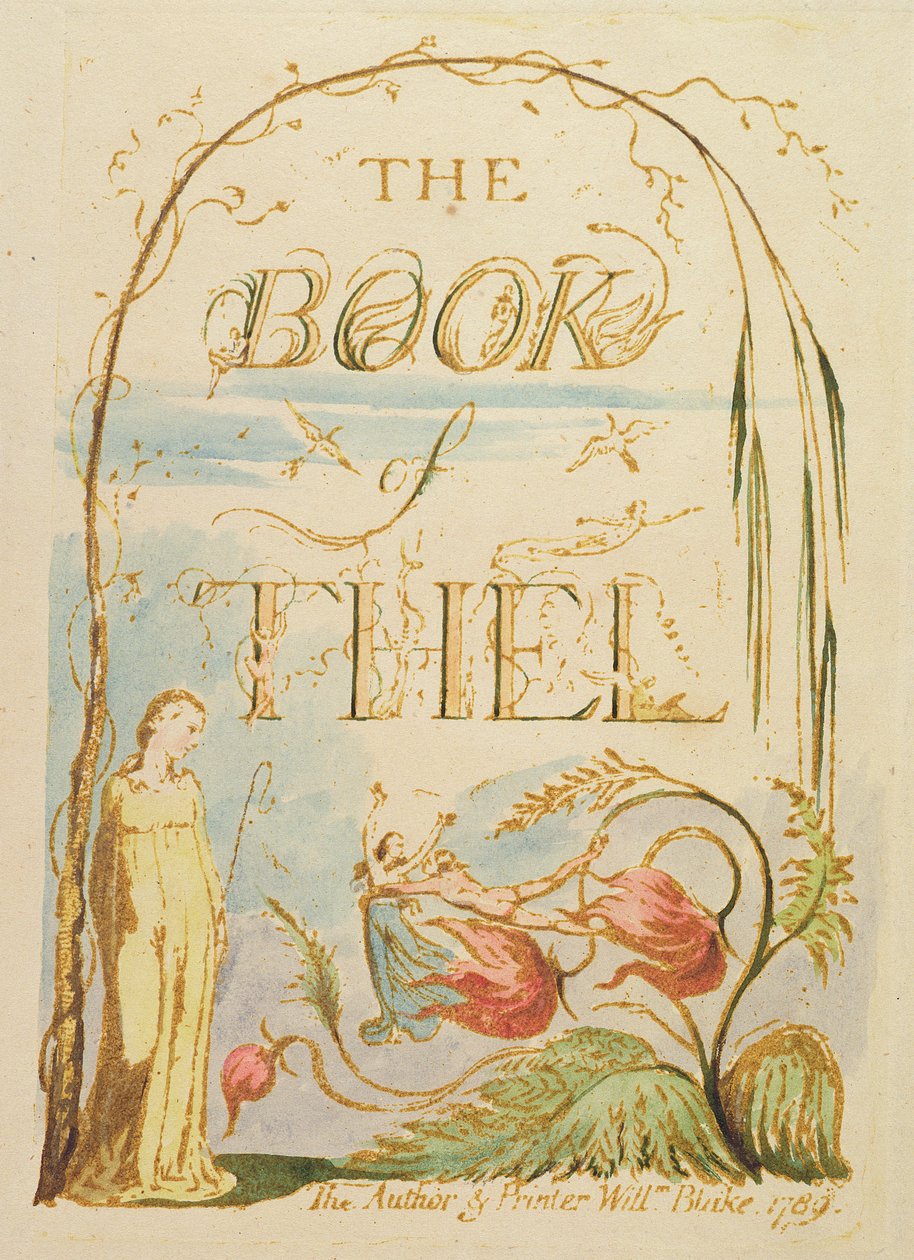 The Book of Thel, plåt 2 (Titelsida), 1789 (reliefetsning med penna och wc) av William Blake