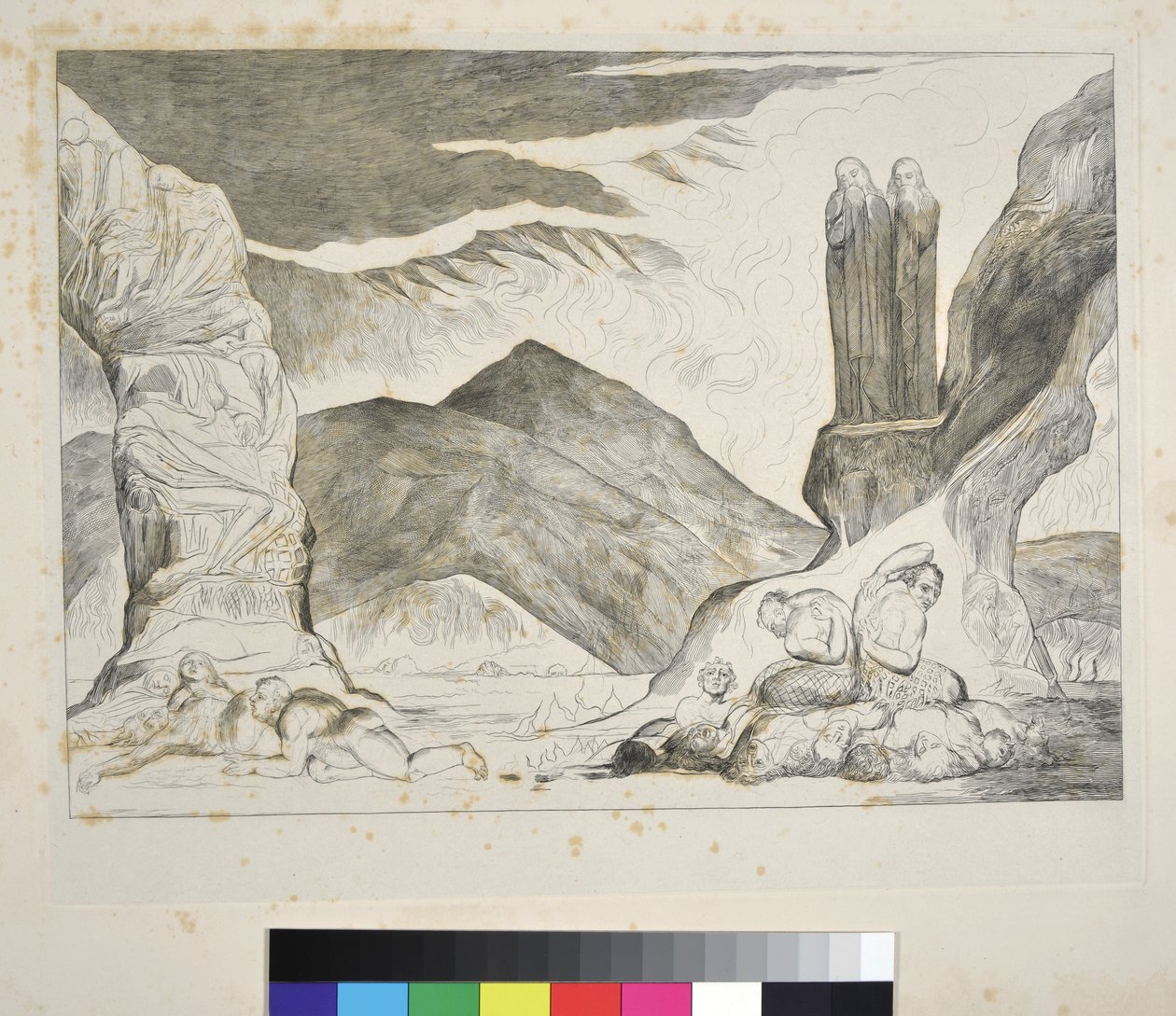 The Circle of the Falsifiers: Dante och Vergilius som täcker sina näsor på grund av stanken, Inferno, Canto XXIX, illustration till "Den gudomliga komedin" av Dante Alighieri, ca 1827-38 av William Blake