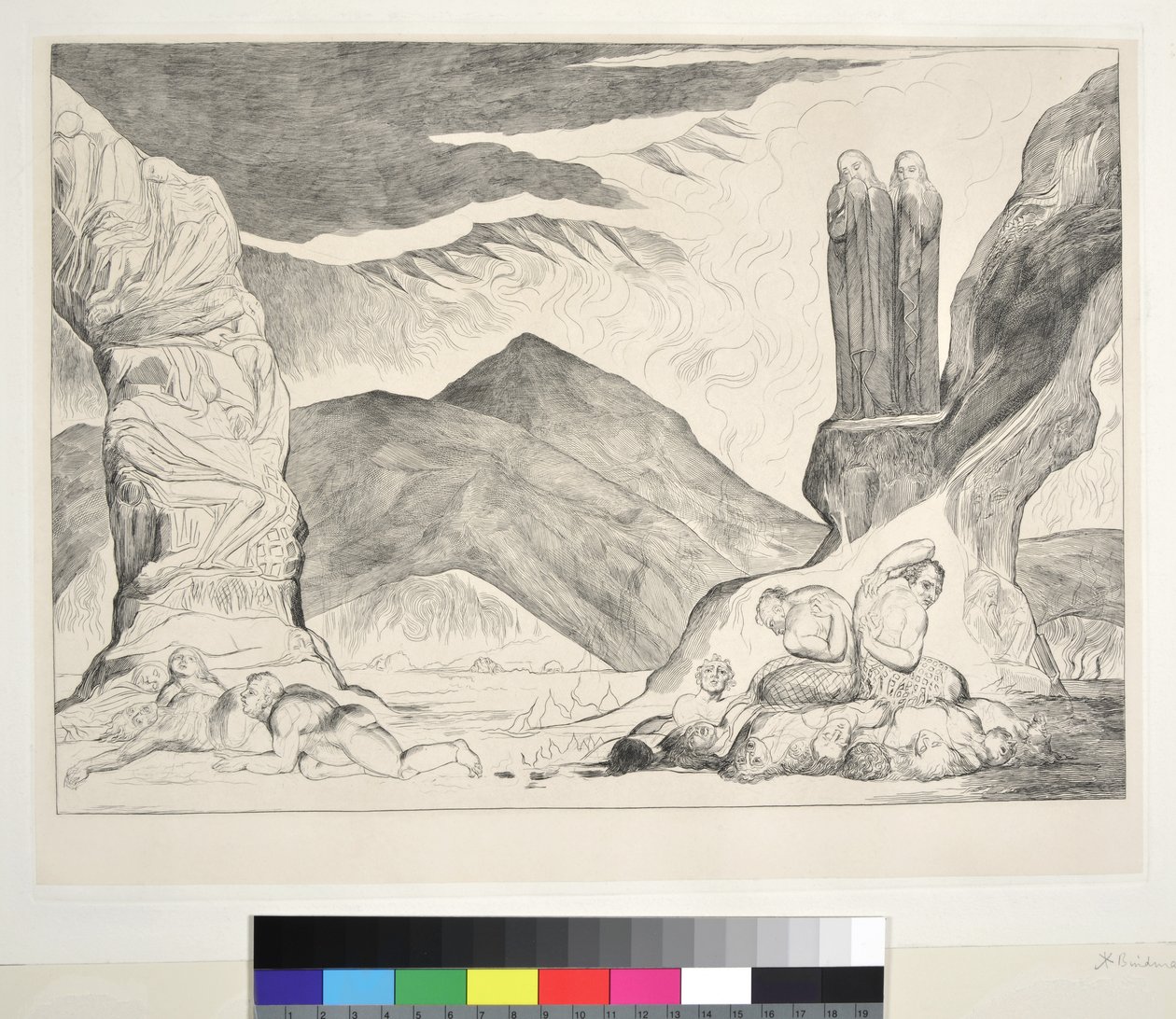 The Circle of the Falsifiers: Dante och Vergilius som täcker sina näsor på grund av stanken, Inferno, Canto XXIX, illustration till "Den gudomliga komedin" av Dante Alighieri, 1827 av William Blake