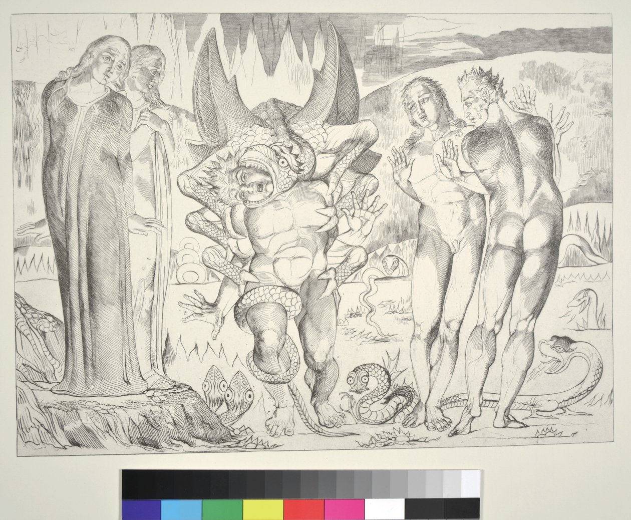 Tjuvarnas cirkel: Agnolo Brunelleschi attackerad av en sexfotad orm, Inferno, Canto XXV, illustration till "Den gudomliga komedin" av Dante Alighieri, 1838 av William Blake