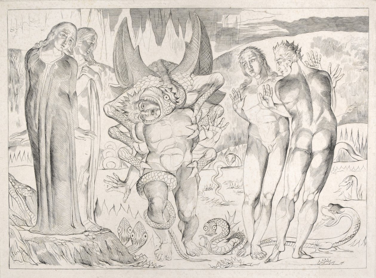 Tjuvarnas cirkel: Agnolo Brunelleschi attackeras av en sexfotad orm Inferno, Canto XXV, illustration till Dante Alighieris "Gudomliga komedi", 1827 av William Blake