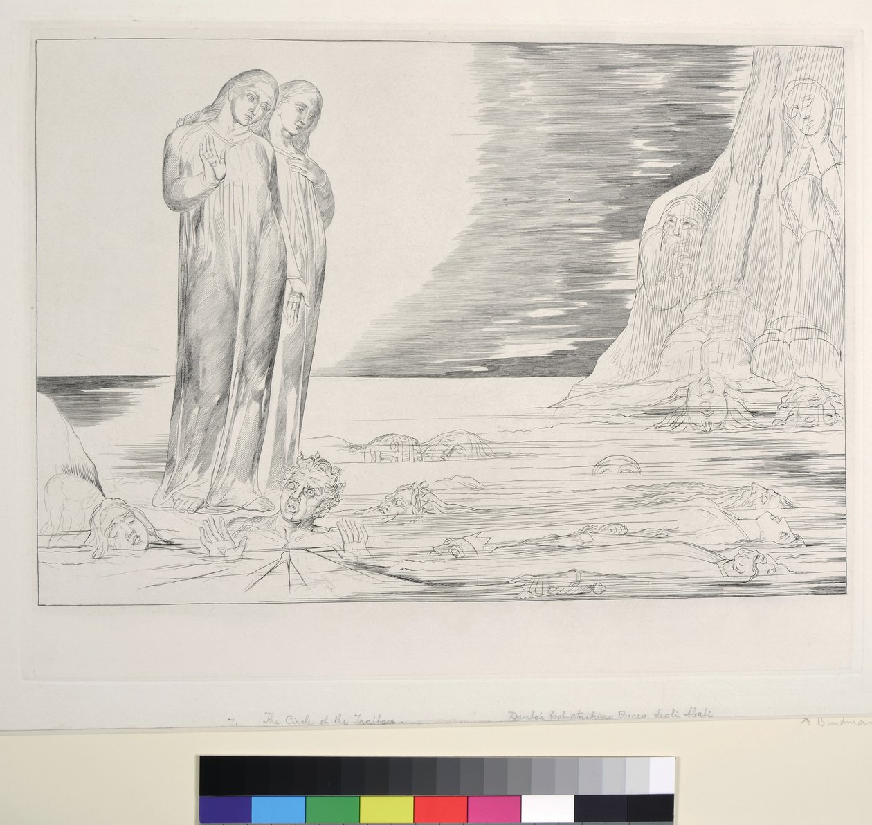 The Circle of the Traitors: Dantes fot slår Bocca degli Abbate, Inferno, Canto XXXII, illustration till "Den gudomliga komedin" av Dante Alighieri, 1827 av William Blake