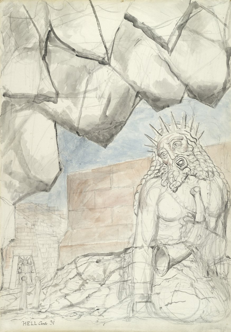 The Complaint of the Giant Nimrod, illustration till den gudomliga komedin av Dante Alighieri, 1824-27 (penna och bläck med wc över penna och krita på papper) av William Blake