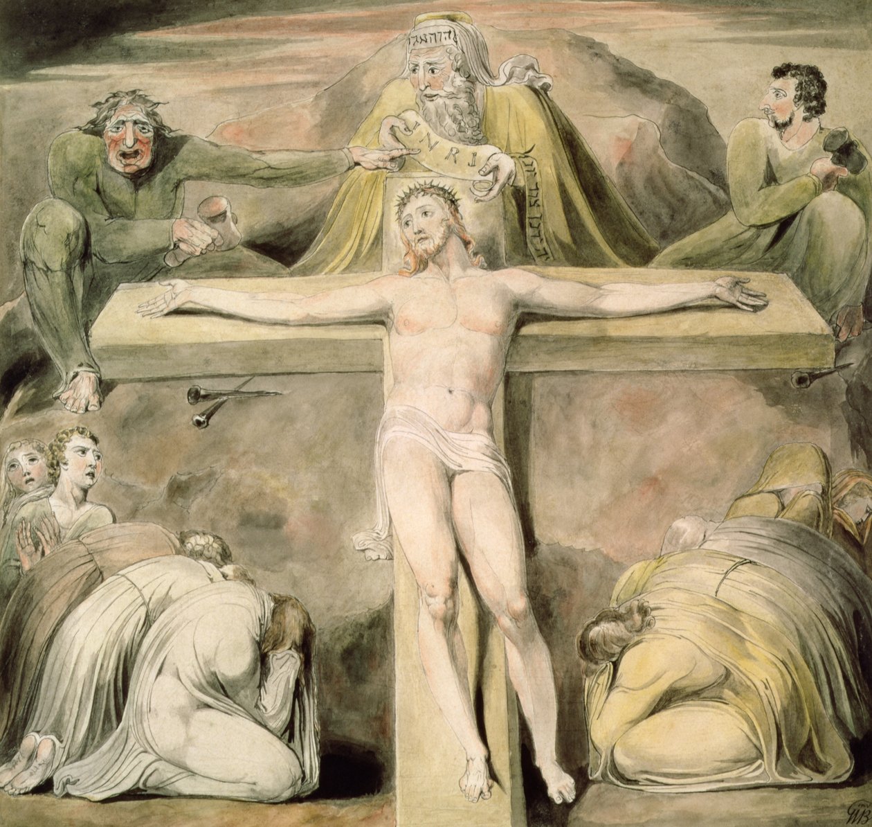 Korsfästelsen (penna och tvätt) av William Blake