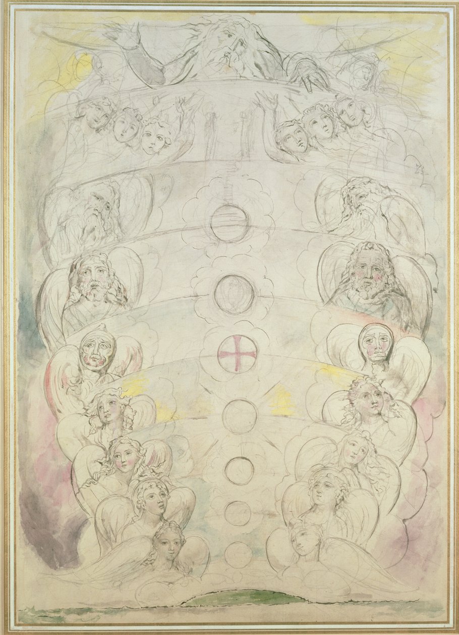 Gudomen från vem fortsätter de nio sfärerna, 1700-talet (wc, penna, penna och bläck på papper) av William Blake