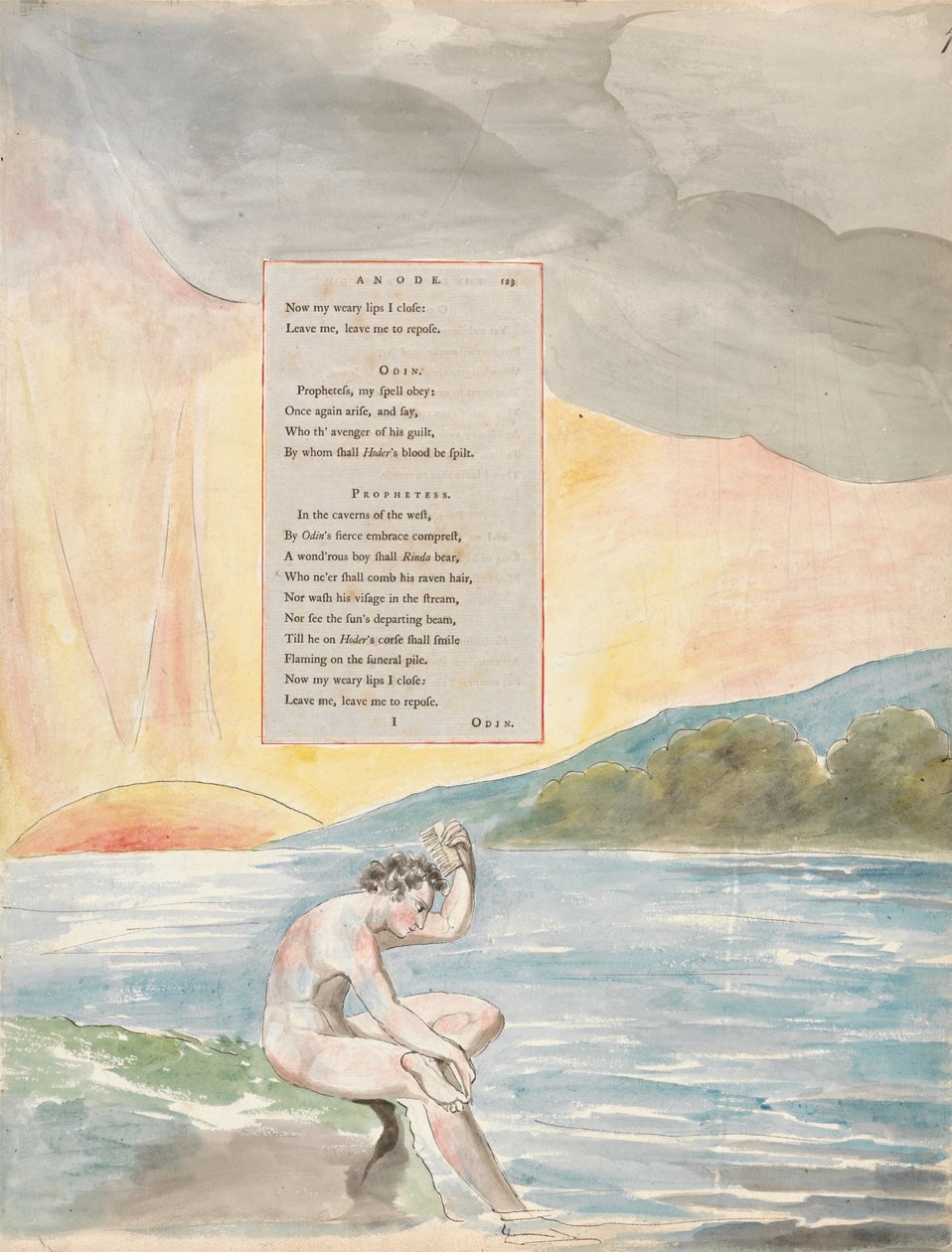 The Descent of Odin, design 83 från The Poems of Thomas Gray, 1797-98 (wc med penna och bläck på papper) av William Blake