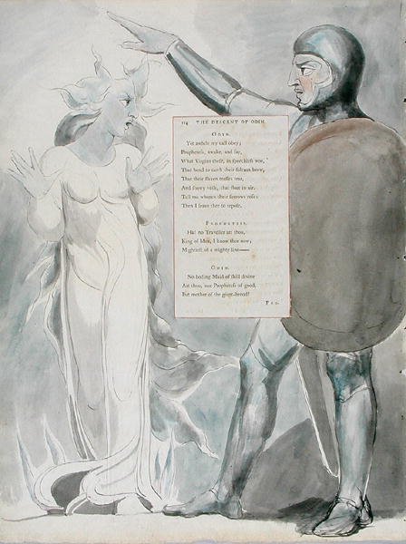 The Descent of Odin, design 84 från The Poems of Thomas Gray, 1797-98 (wc med penna och bläck på papper) av William Blake