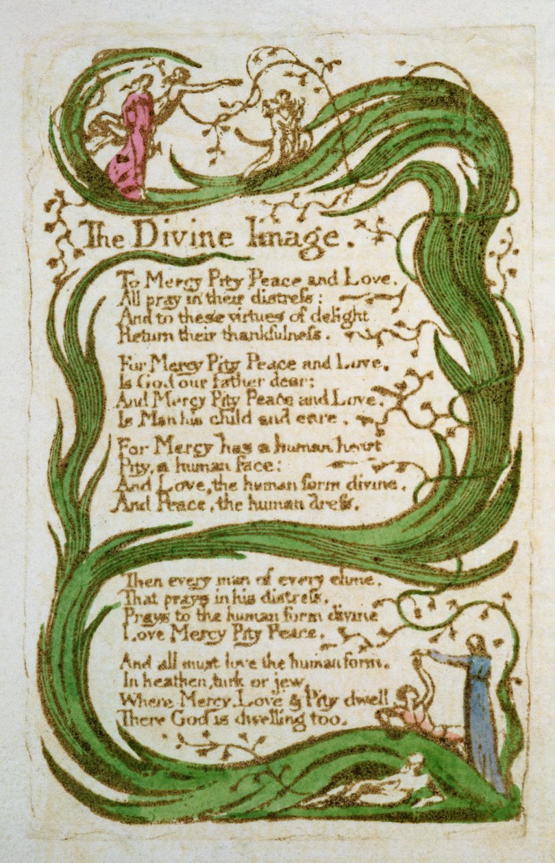 The Divine Image, från Songs of Innocence, 1789 (färgad etsning) av William Blake