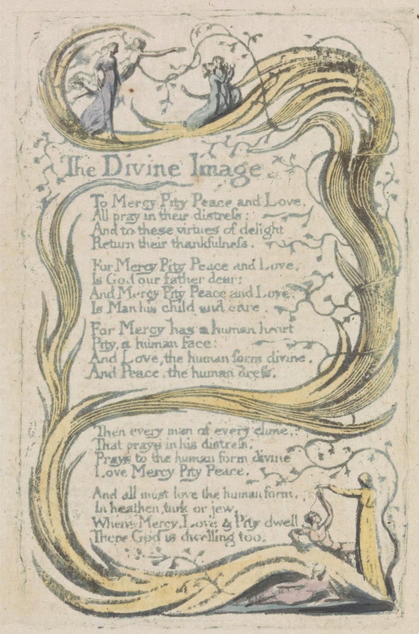 The Divine Image, plåt 23 från The Songs of Innocence, 1789 (handfärgad relief etsning med akvarell) av William Blake