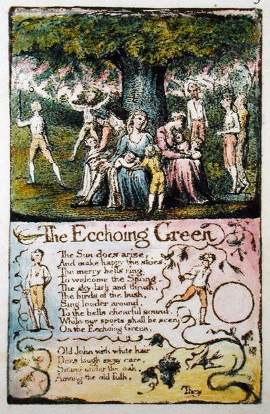 The Echoing Green, plåt 5 (Bentley 6) från Songs of Innocence and of Experience (Bentley Copy L) 1789-94 (upphöjd etsning med penna och wc) av William Blake